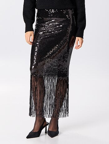 Jupe midi à sequins et franges