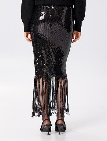 Jupe midi à sequins et franges