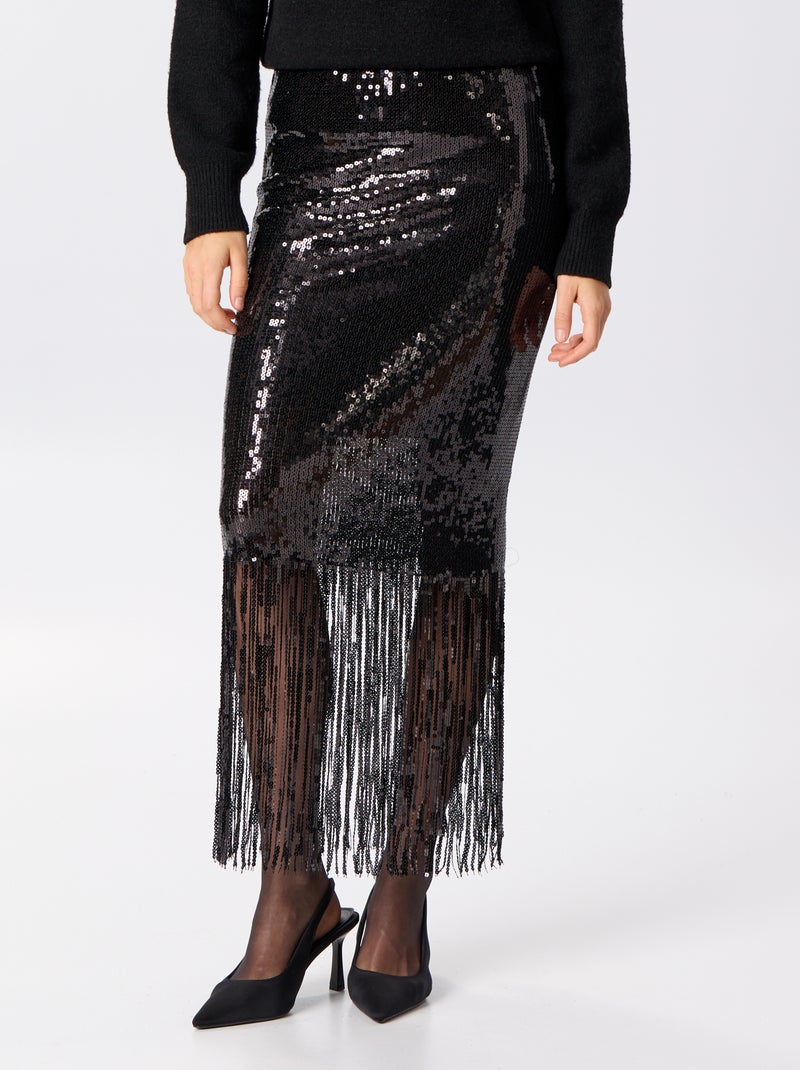 Jupe midi à sequins et franges Noir - Kiabi