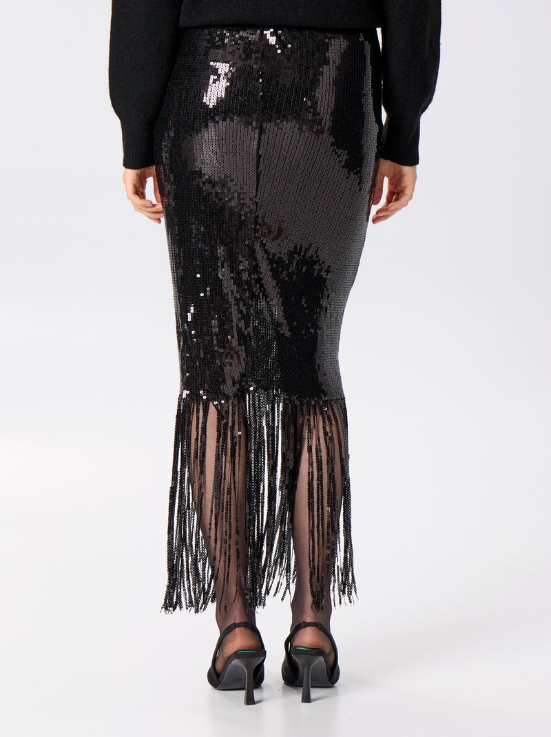 Jupe midi à sequins et franges Noir - Kiabi