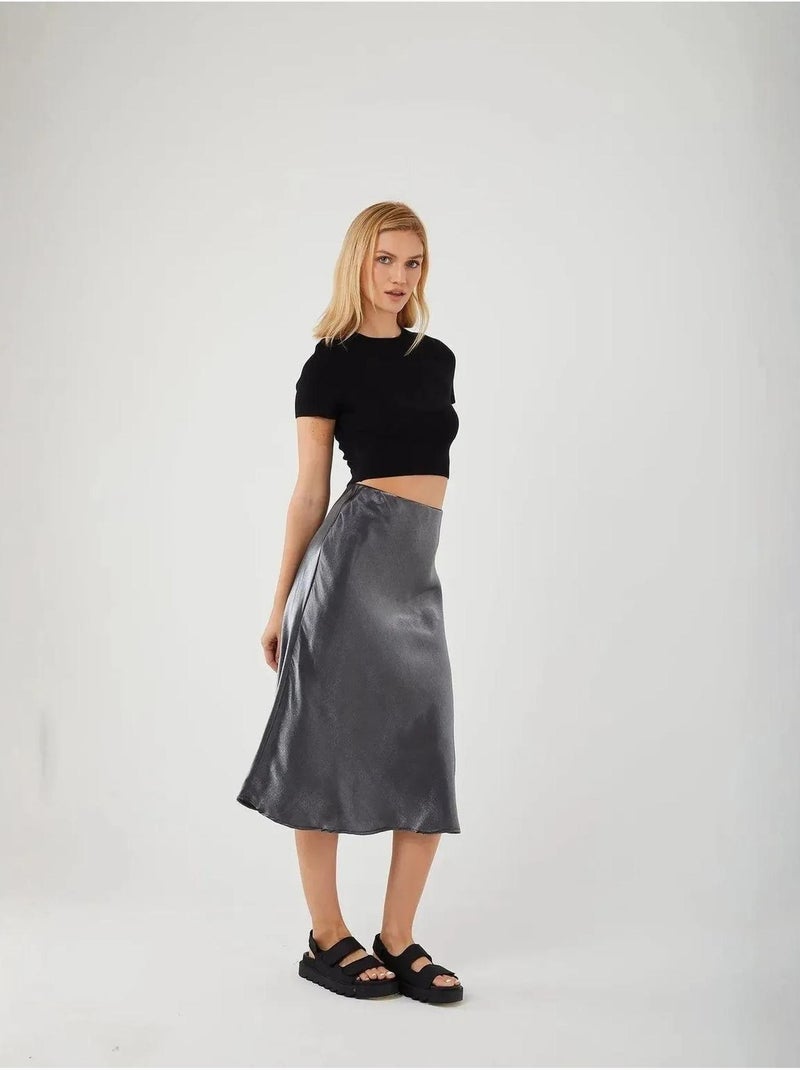 Jupe midi ajustée en satin avec taille élastiquée mixray Gris foncé - Kiabi