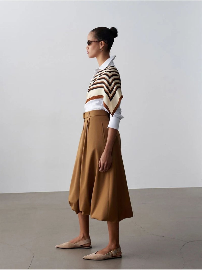 Jupe midi ballon taille haute avec ceinture dilvin Camel - Kiabi