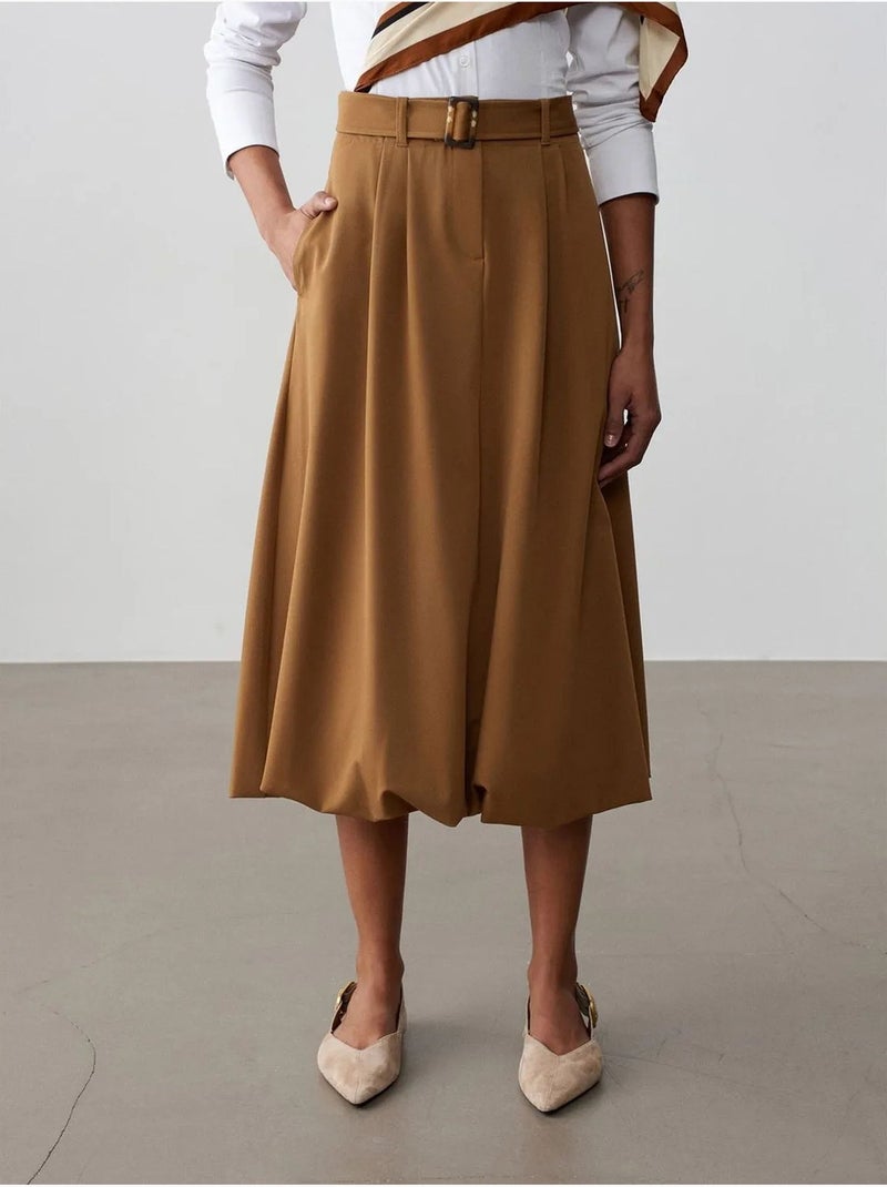 Jupe midi ballon taille haute avec ceinture dilvin Camel - Kiabi