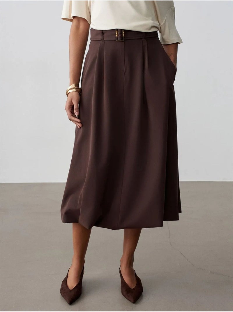 Jupe midi ballon taille haute avec ceinture dilvin Marron chocolat - Kiabi