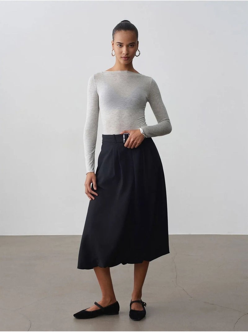 Jupe midi ballon taille haute avec ceinture dilvin Noir - Kiabi