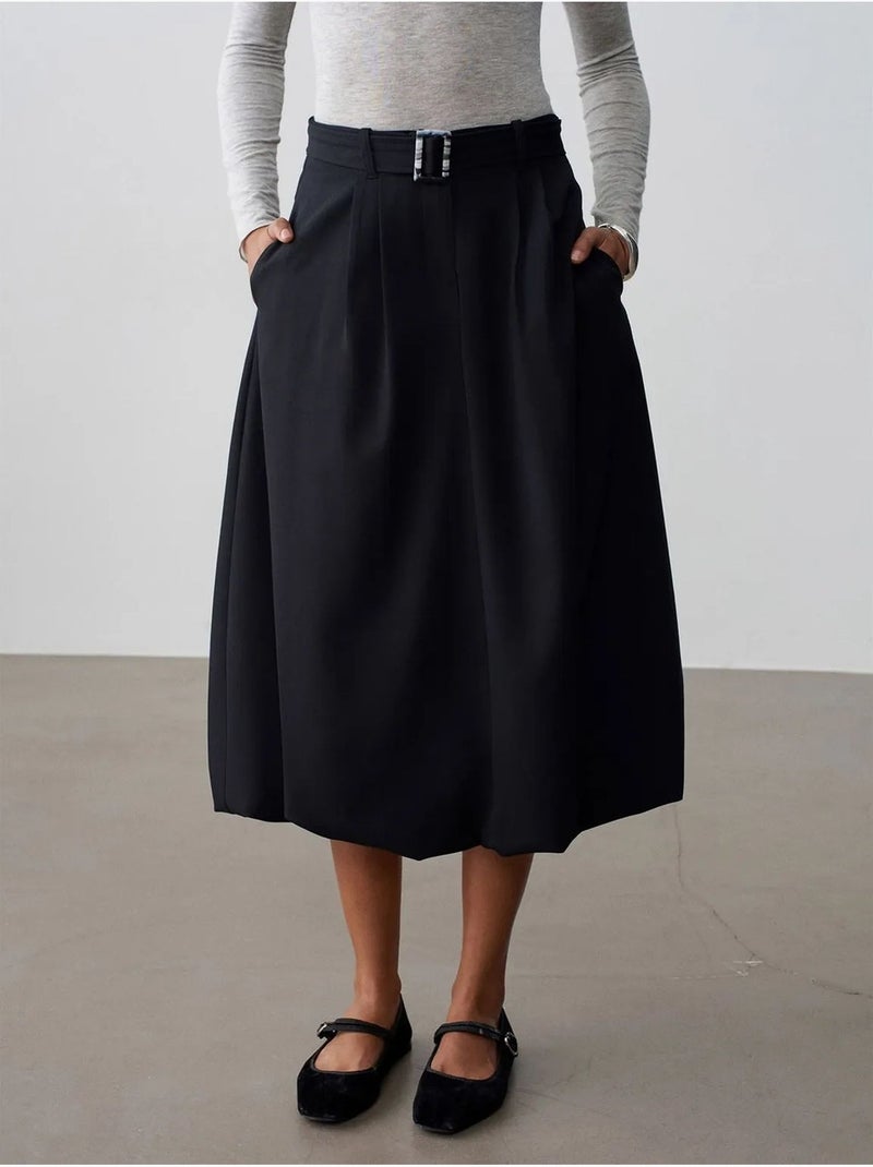 Jupe midi ballon taille haute avec ceinture dilvin Noir - Kiabi