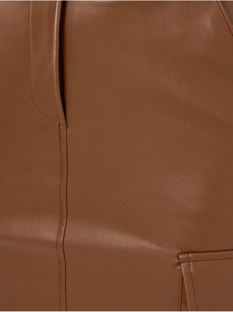 Jupe midi détaillée en similicuir avec poches Marron - Kiabi