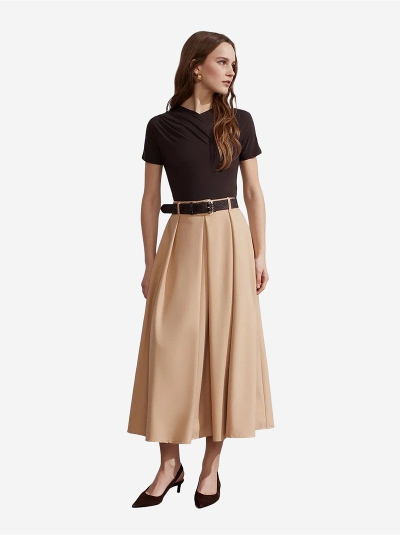Jupe midi droite taille haute en crêpe dilvin Beige argile - Kiabi