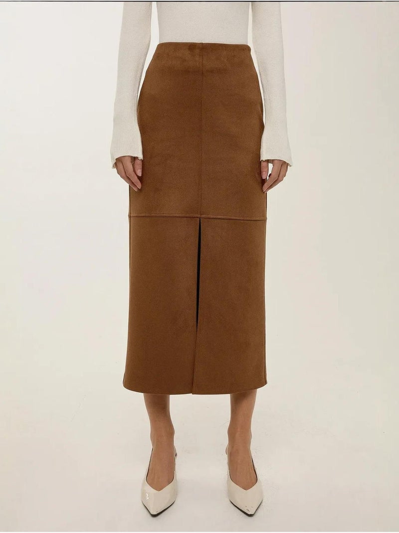 Jupe midi en daim avec fente Marron - Kiabi
