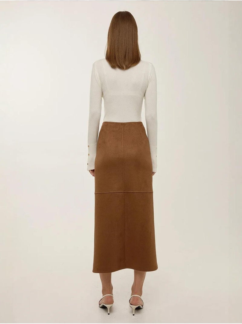 Jupe midi en daim avec fente Marron - Kiabi