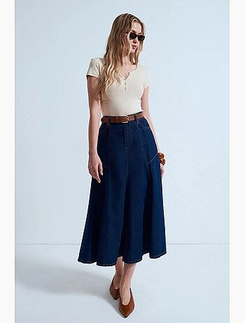 Jupe midi en denim coupe trapèze, taille haute dilvin