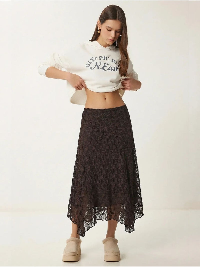Jupe midi en dentelle taille haute istanbul Marron chocolat - Kiabi