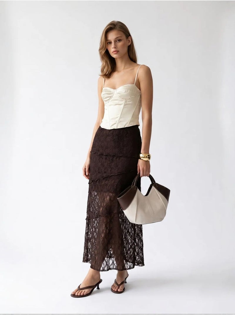 Jupe midi en dentelle taille haute mixray Marron chocolat - Kiabi