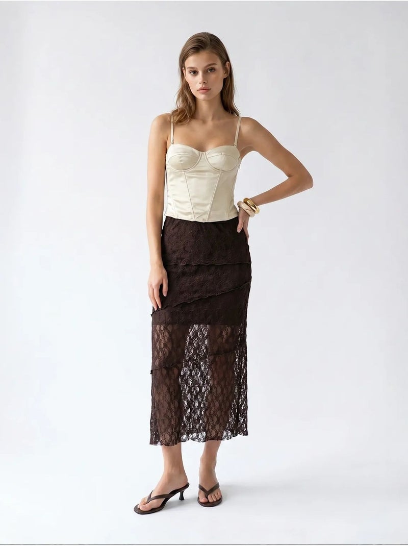 Jupe midi en dentelle taille haute mixray Marron chocolat - Kiabi