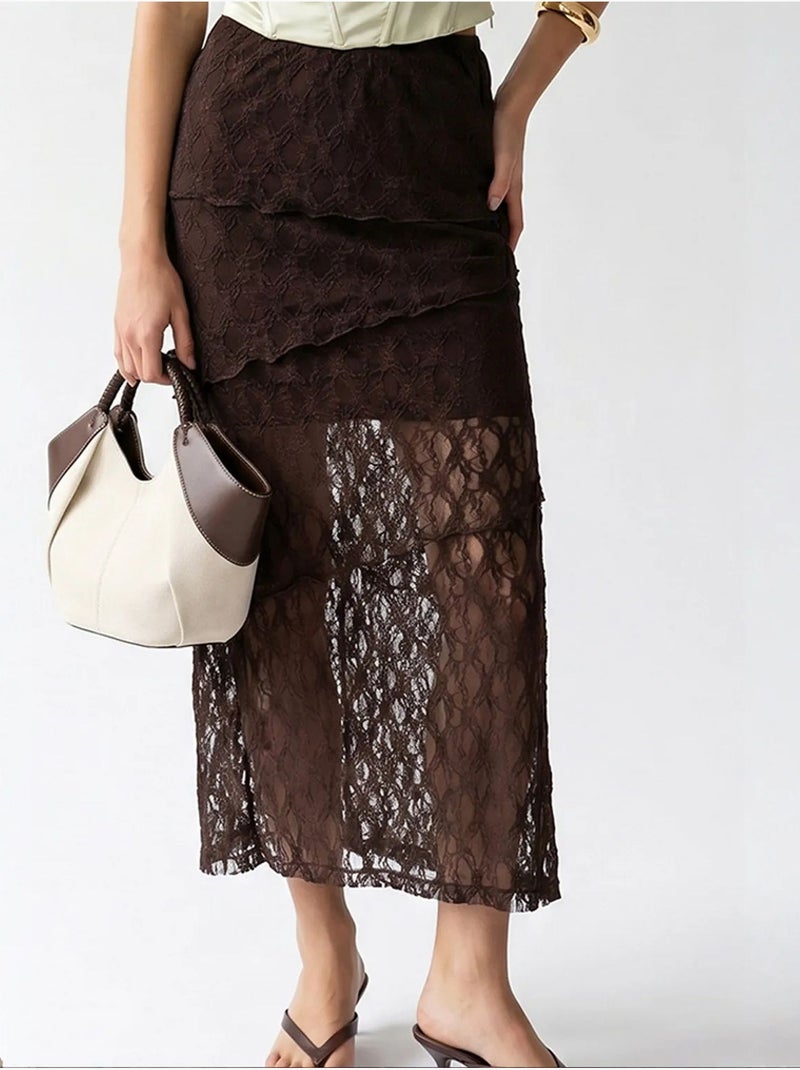 Jupe midi en dentelle taille haute mixray Marron chocolat - Kiabi