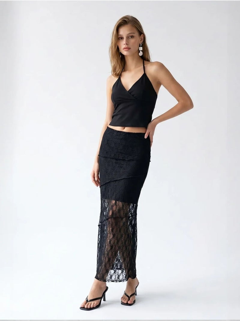 Jupe midi en dentelle taille haute mixray Noir - Kiabi