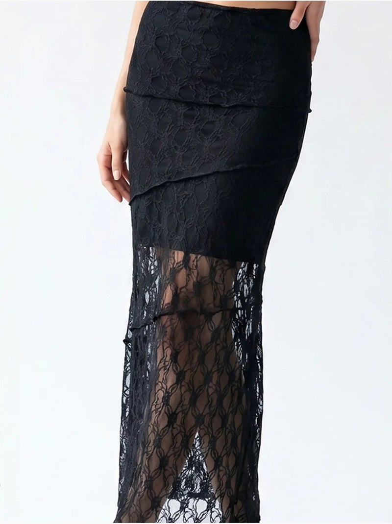 Jupe midi en dentelle taille haute mixray Noir - Kiabi