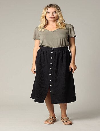 Jupe midi en gaze de coton jaune avec boutons 'Deeluxe'