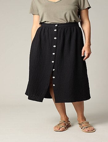 Jupe midi en gaze de coton jaune avec boutons 'Deeluxe'