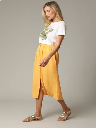 Jupe midi en gaze de coton jaune avec boutons 'Deeluxe'