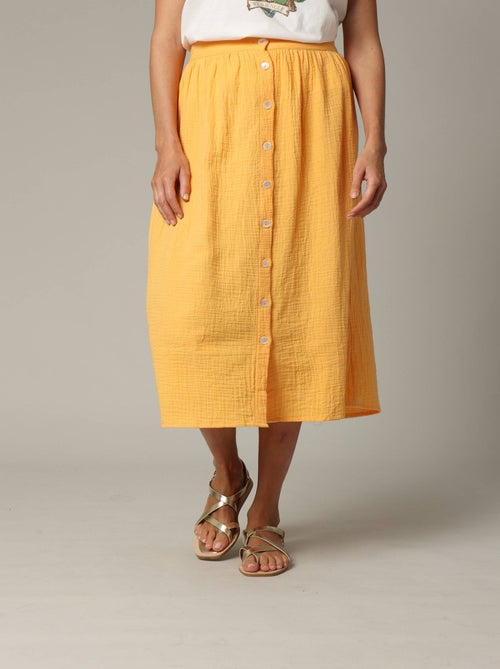Jupe midi en gaze de coton jaune avec boutons 'Deeluxe' - Kiabi