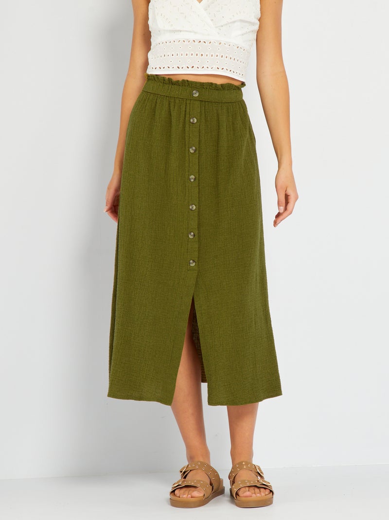 Jupe midi en gaze de coton Kaki - Kiabi
