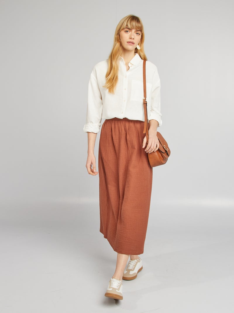 Jupe midi en gaze de coton Marron - Kiabi