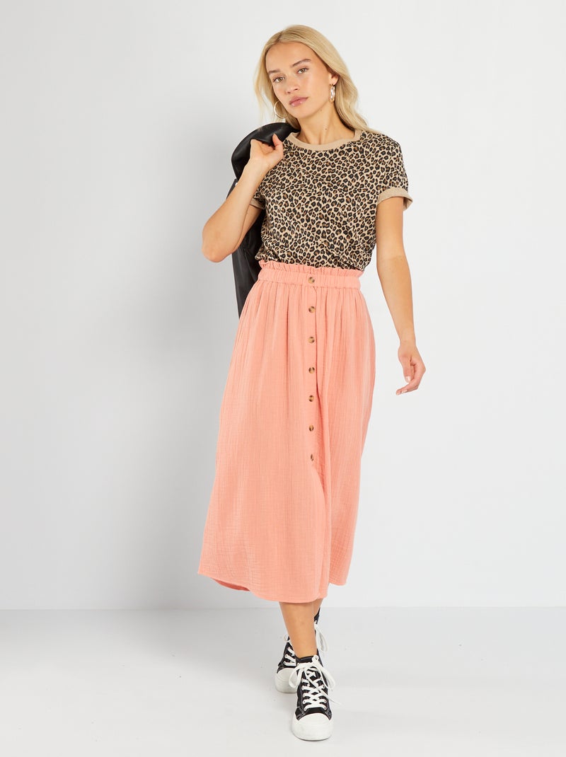 Jupe midi en gaze de coton Saumon - Kiabi