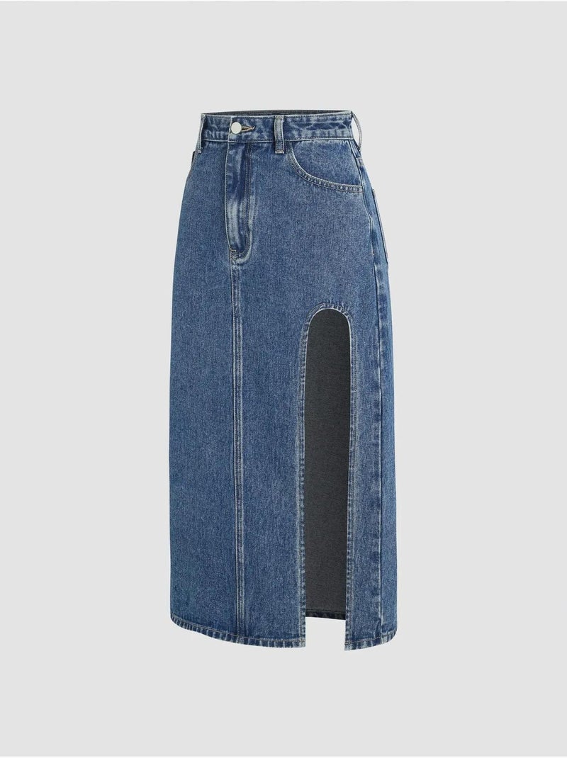 Jupe midi en jean avec fente Bleu - Kiabi