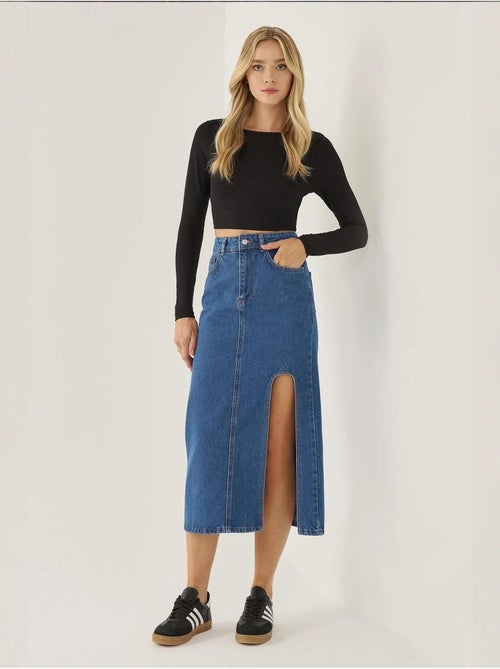 Jupe midi en jean avec fente - Kiabi