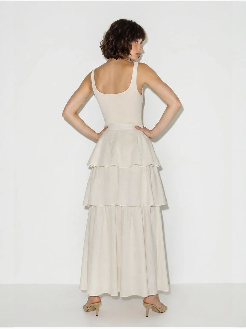 Jupe midi en popeline de coton à taille haute lucci Crème - Kiabi