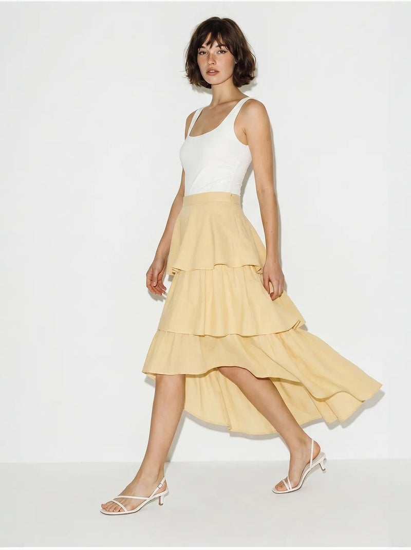 Jupe midi en popeline de coton à taille haute lucci Jaune citron - Kiabi