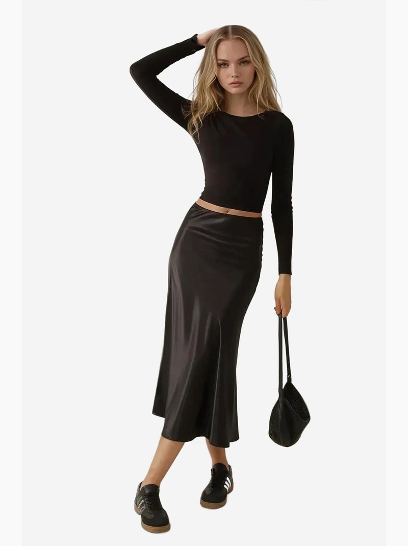 Jupe midi en satin taille haute hiccup Noir - Kiabi