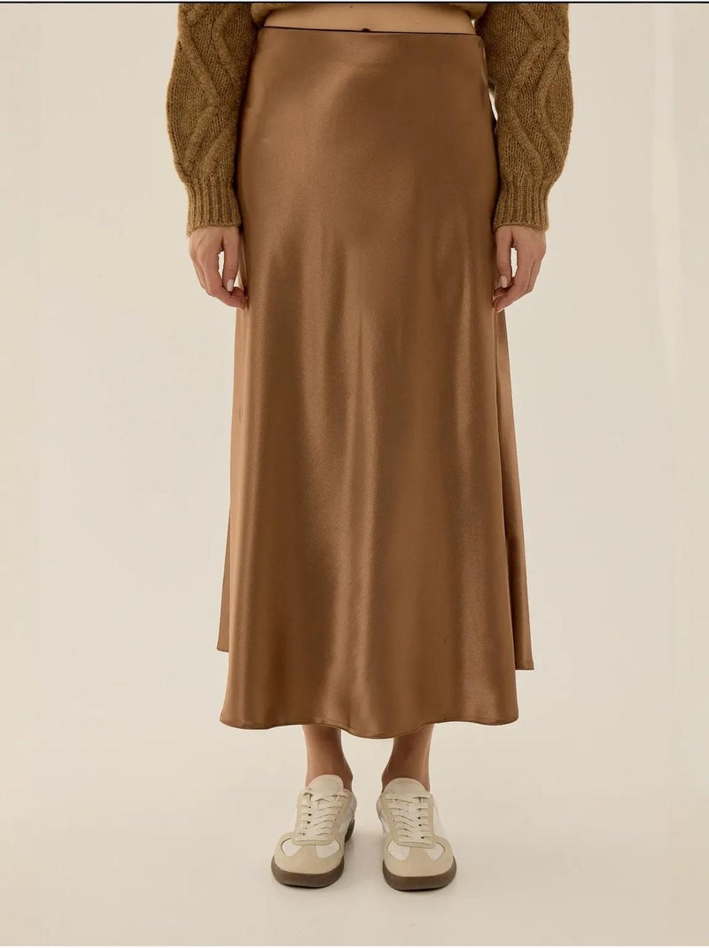 Jupe midi en satin taille haute Marron - Kiabi