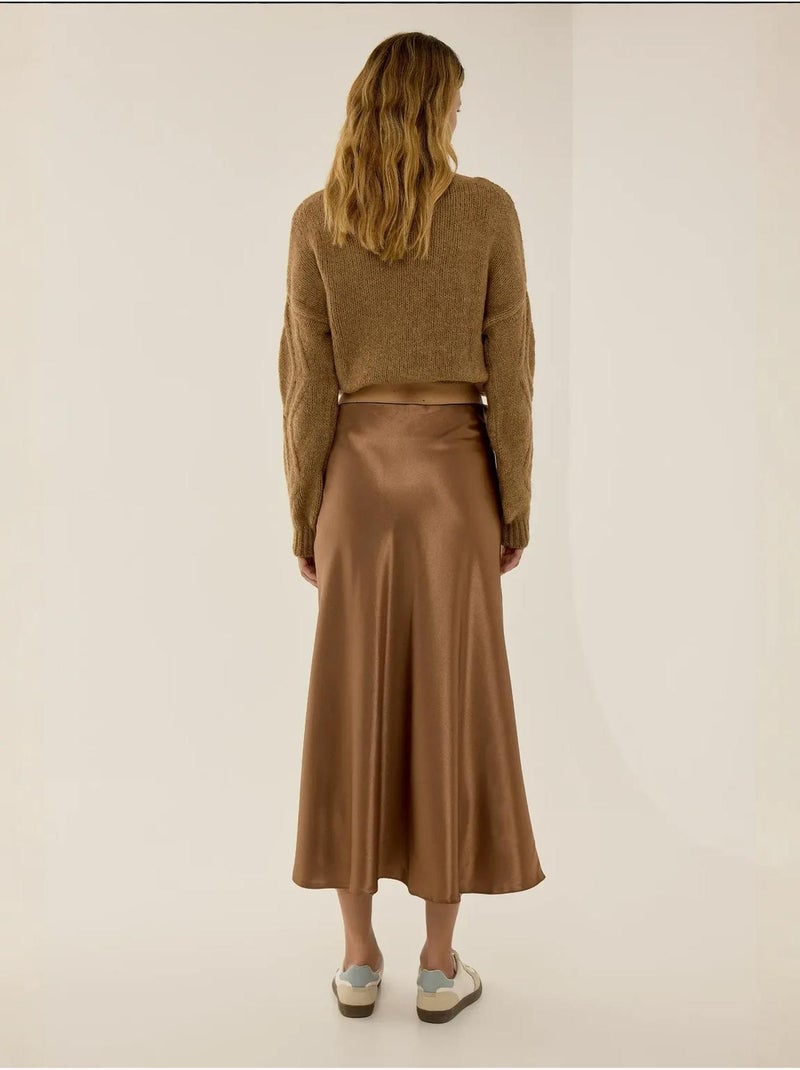 Jupe midi en satin taille haute Marron - Kiabi