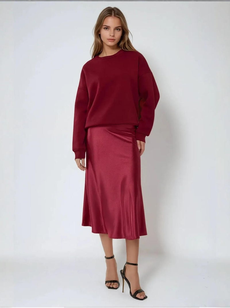 Jupe midi en satin taille haute Rouge bordeaux - Kiabi