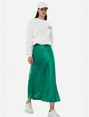 Jupe midi en satin taille haute