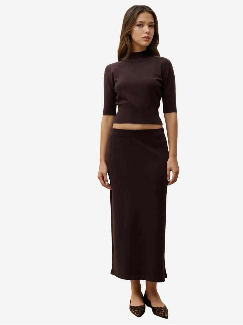 Jupe midi en tricot texturé Marron foncé - Kiabi