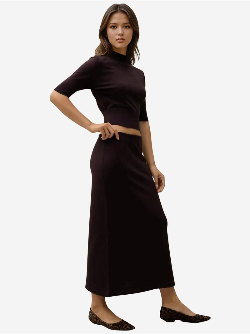Jupe midi en tricot texturé Marron foncé - Kiabi