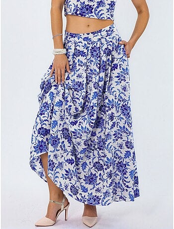 Jupe midi fleurie à taille haute trapèze à plis busem