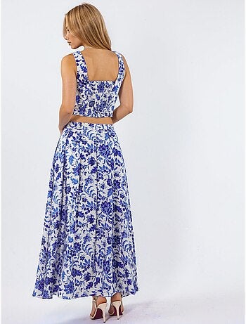 Jupe midi fleurie à taille haute trapèze à plis busem