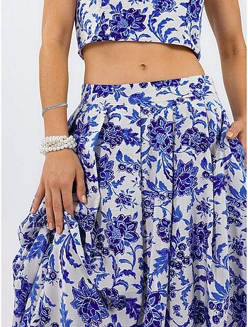 Jupe midi fleurie à taille haute trapèze à plis busem