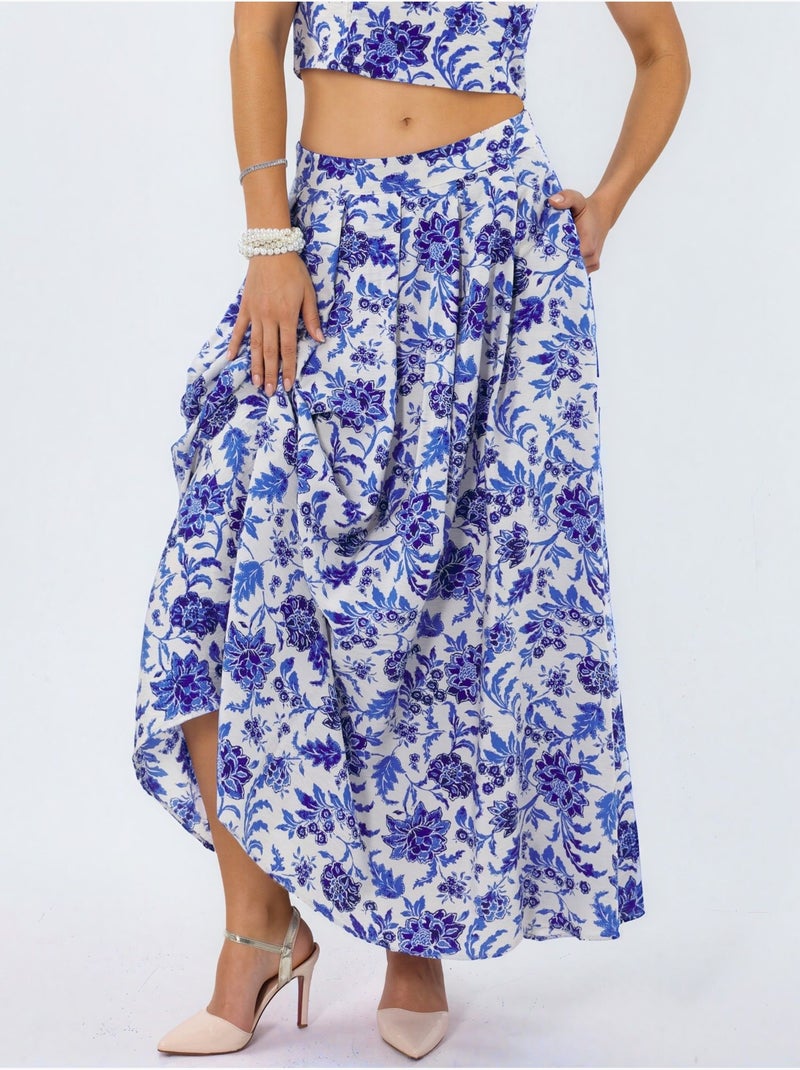 Jupe midi fleurie à taille haute trapèze à plis busem Multicolore - Kiabi