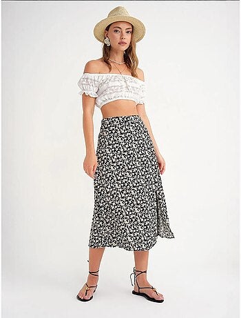 Jupe midi fleurie taille haute avec fente mixray