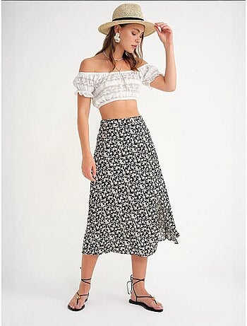 Jupe midi fleurie taille haute avec fente mixray