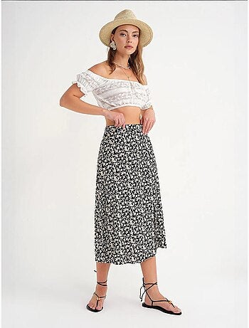 Jupe midi fleurie taille haute avec fente mixray