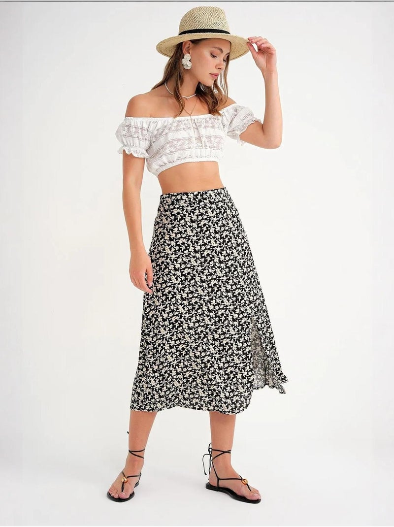 Jupe midi fleurie taille haute avec fente mixray Noir - Kiabi