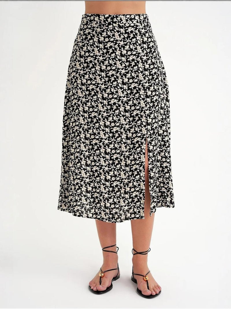 Jupe midi fleurie taille haute avec fente mixray Noir - Kiabi