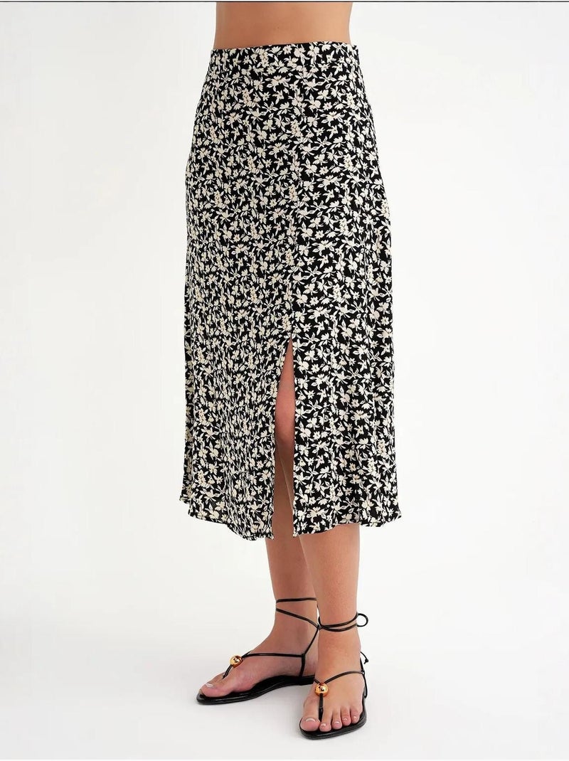 Jupe midi fleurie taille haute avec fente mixray Noir - Kiabi