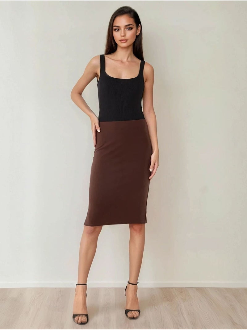Jupe midi moulante taille haute Marron chocolat - Kiabi
